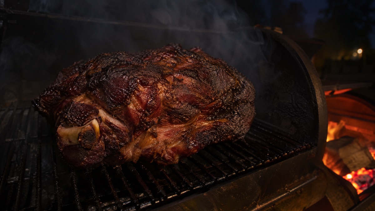 A whole bone-in pork butt on a smoker grate with a thick dark mahogany bark