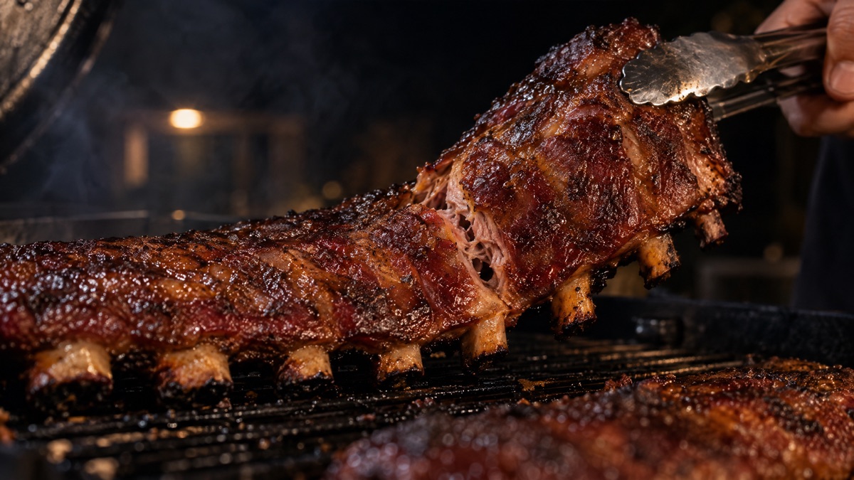Tongs lifting one end of a rack of smoked ribs so the rack bends and cracks between the bones