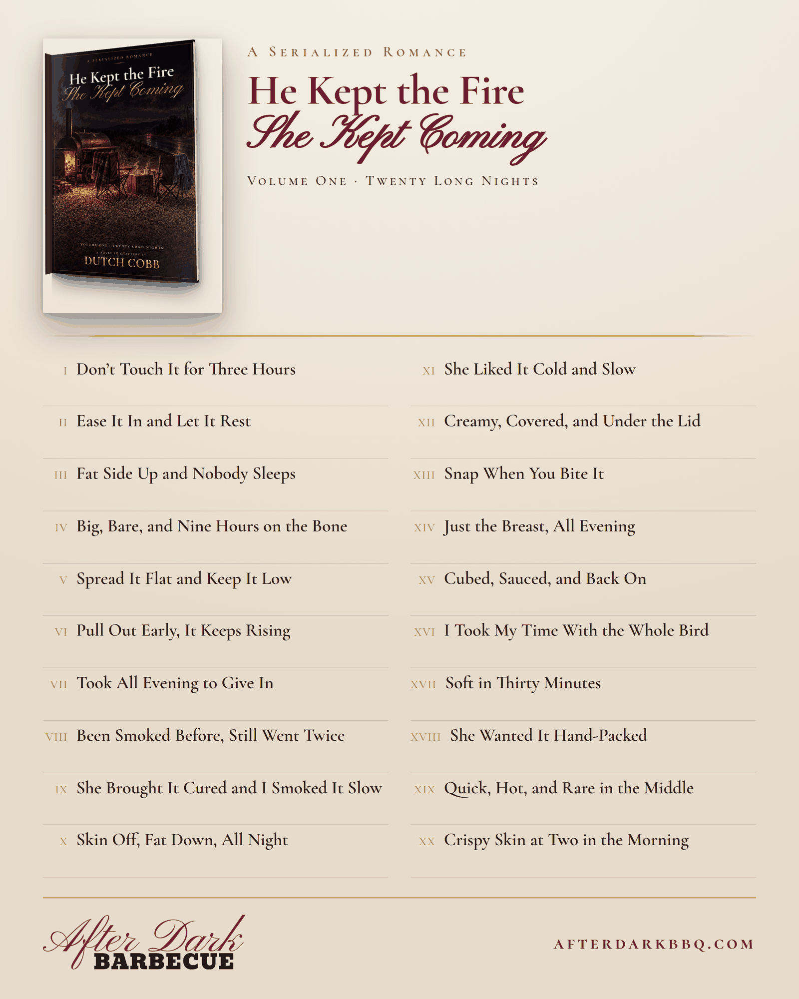 All twenty chapter titles of After Dark BBQ, Volume One, listed in order beside the book cover.