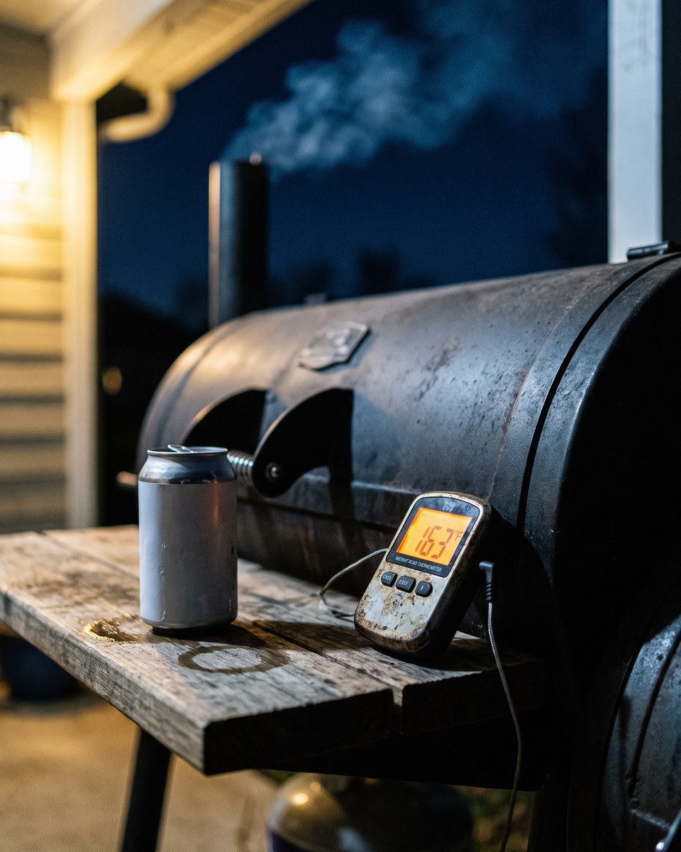 A digital probe thermometer reading 163 on the side shelf of an offset smoker at night, a plain beer can beside it and thin smoke rising from the stack