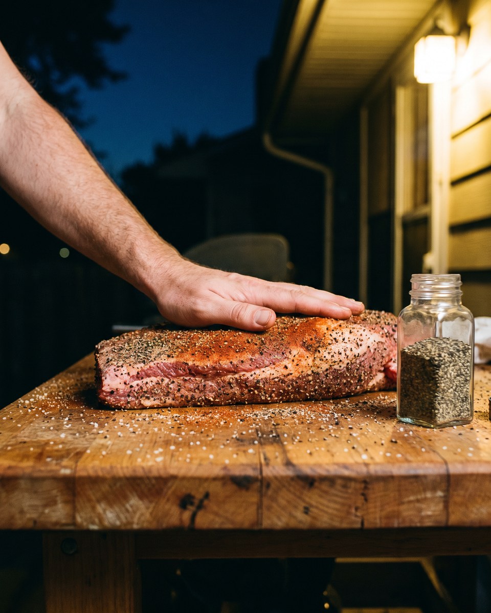 A bare hand pressing coarse pepper, salt and smoked paprika into the surface of a trimmed brisket on a wooden table at night, salt grains scattered on the wood