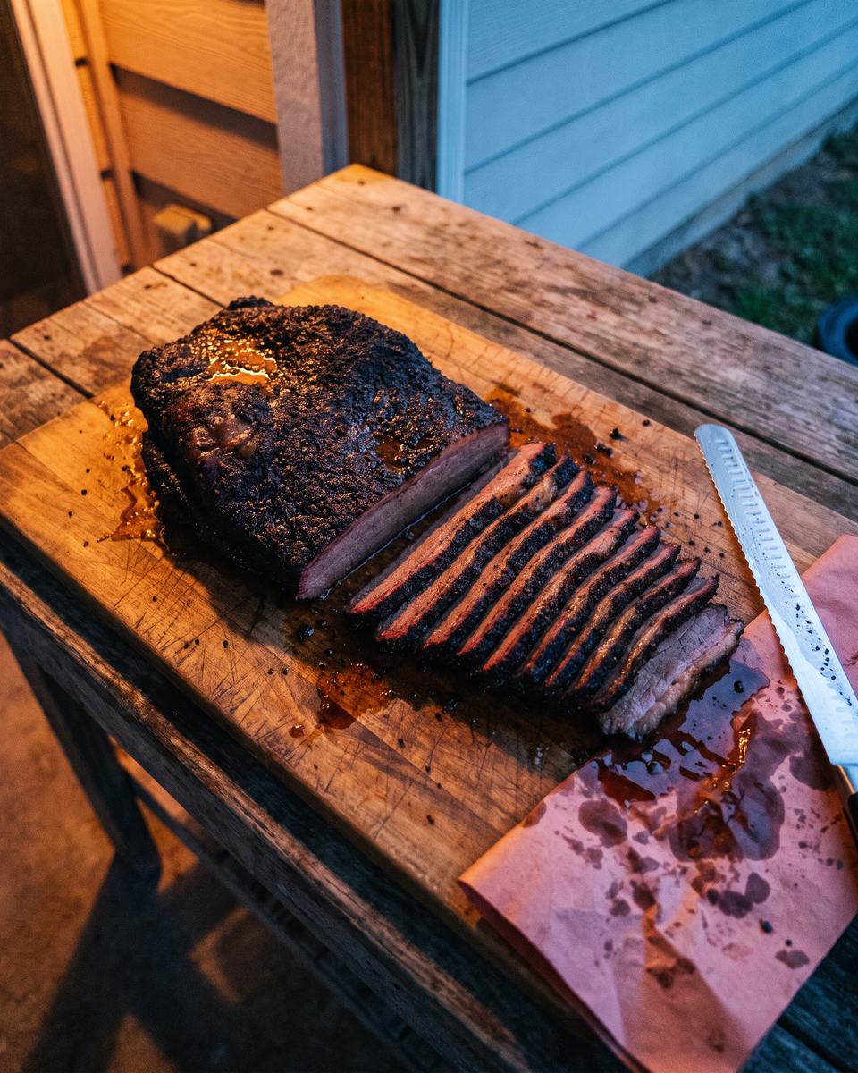 A rested brisket half sliced on a wooden cutting board, thin slices fanned from the flat with a dark bark and pink smoke ring, a slicing knife beside it