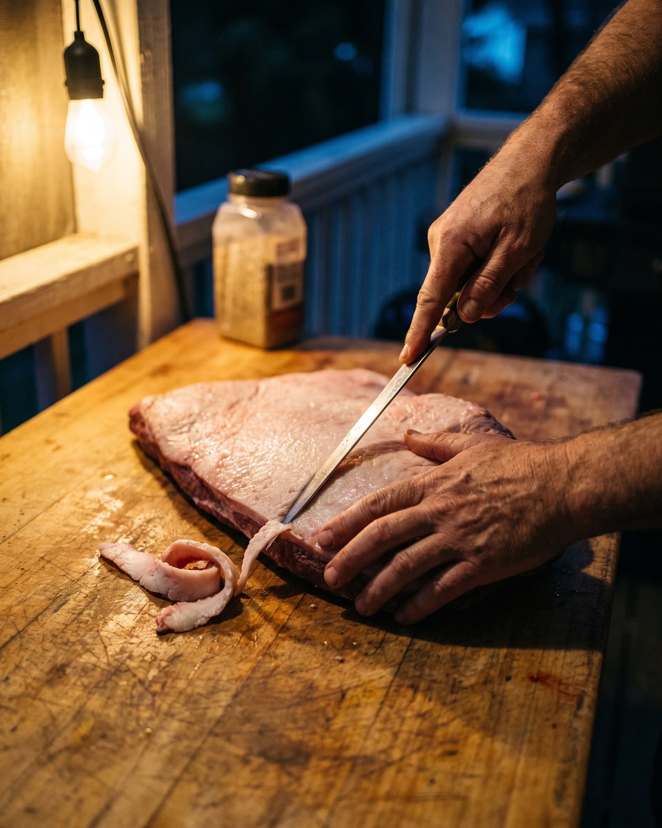 A boning knife shaving the fat cap of a cold whole packer brisket on a wooden work table under a porch light, a curl of trimmed fat beside it