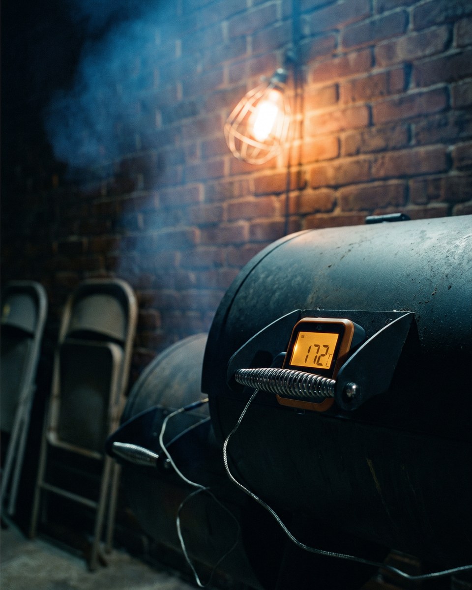 A digital probe thermometer clipped to the handle of the Ironbound at night reading 172, two folding chairs and the brick workshop wall behind it