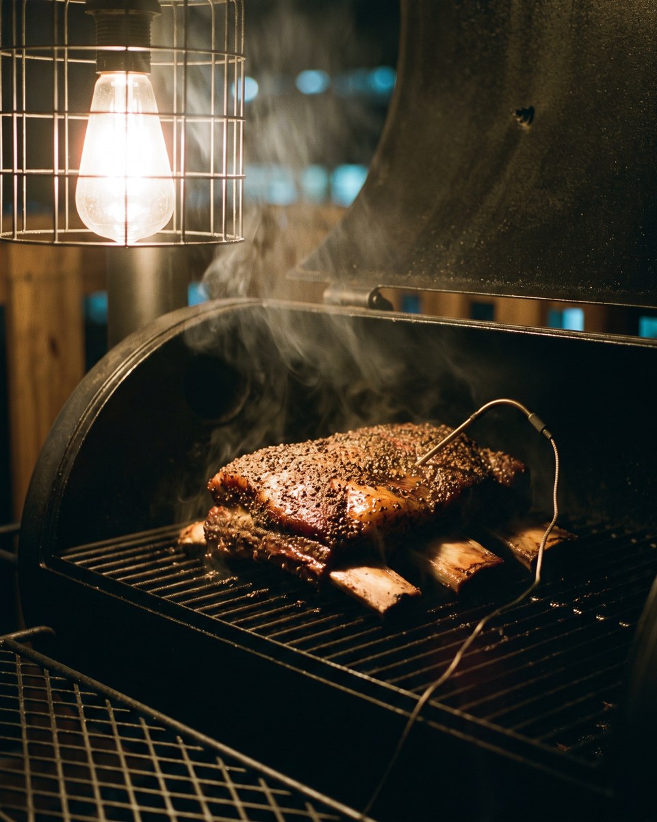 A finished beef plate rib on the grate of the Ironbound at night, bark black with pepper, the meat shrunk back an inch from the ends of the three bones, a probe in the meat between them