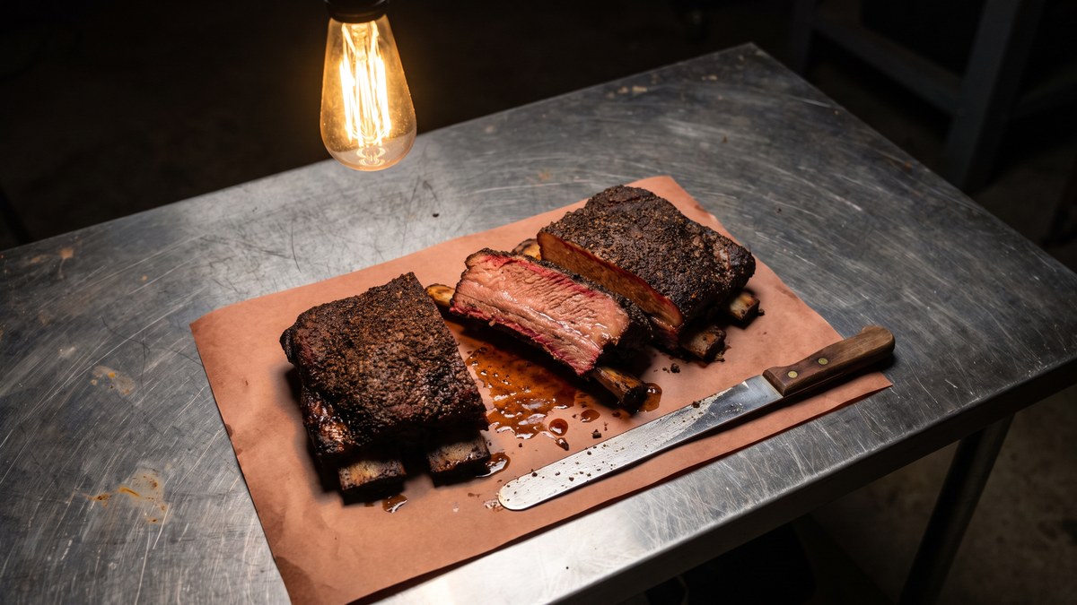 The small plate of smoked beef ribs sliced straight down between the bones on butcher paper on the workshop table at night, the cross-section pink and glossy under a quarter inch of black bark, a long knife beside it