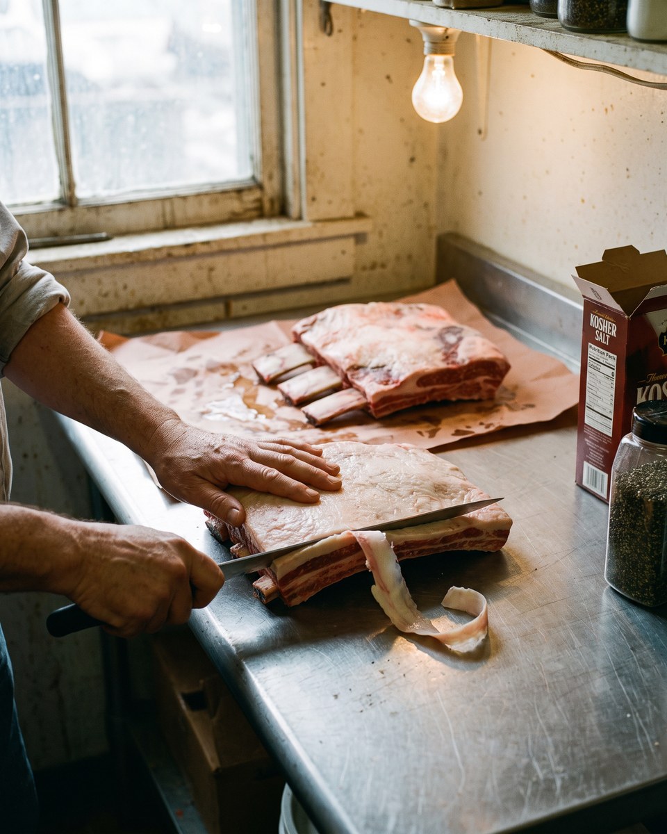 A long knife taking the fat cap of a raw beef plate rib down in flat strokes on a stainless prep table, a ribbon of trimmed fat curling off, two more plates waiting on butcher paper behind it