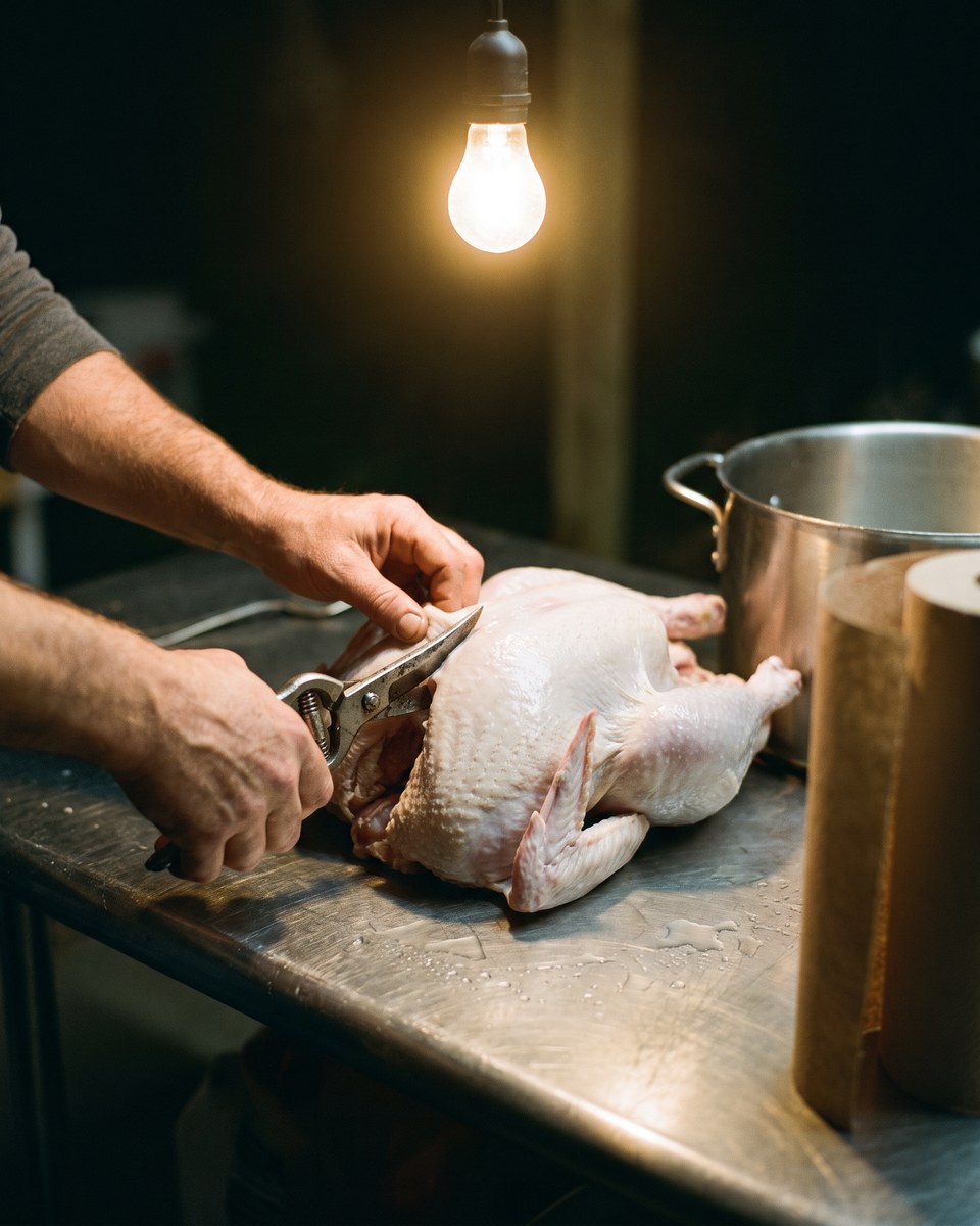 Poultry shears cutting up one side of the backbone of a raw brined turkey lying breast side down on a stainless prep table under a bare bulb, a stockpot beside it