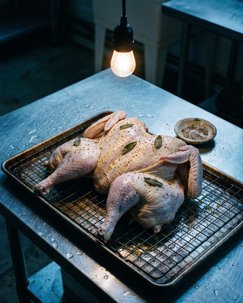Close-up of a spatchcocked turkey on a wire rack, the skin dried overnight in the cold so it is tight and translucent, a thin sheen of oil and coarse seasoning on it, under the workshop bulb