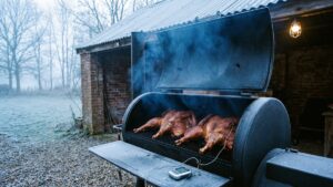 Spatchcocked turkeys lying flat on the grate of a matte-black offset smoker at dawn, skin bronze and tight, frost on the gravel, steam and thin blue smoke rising into cold light