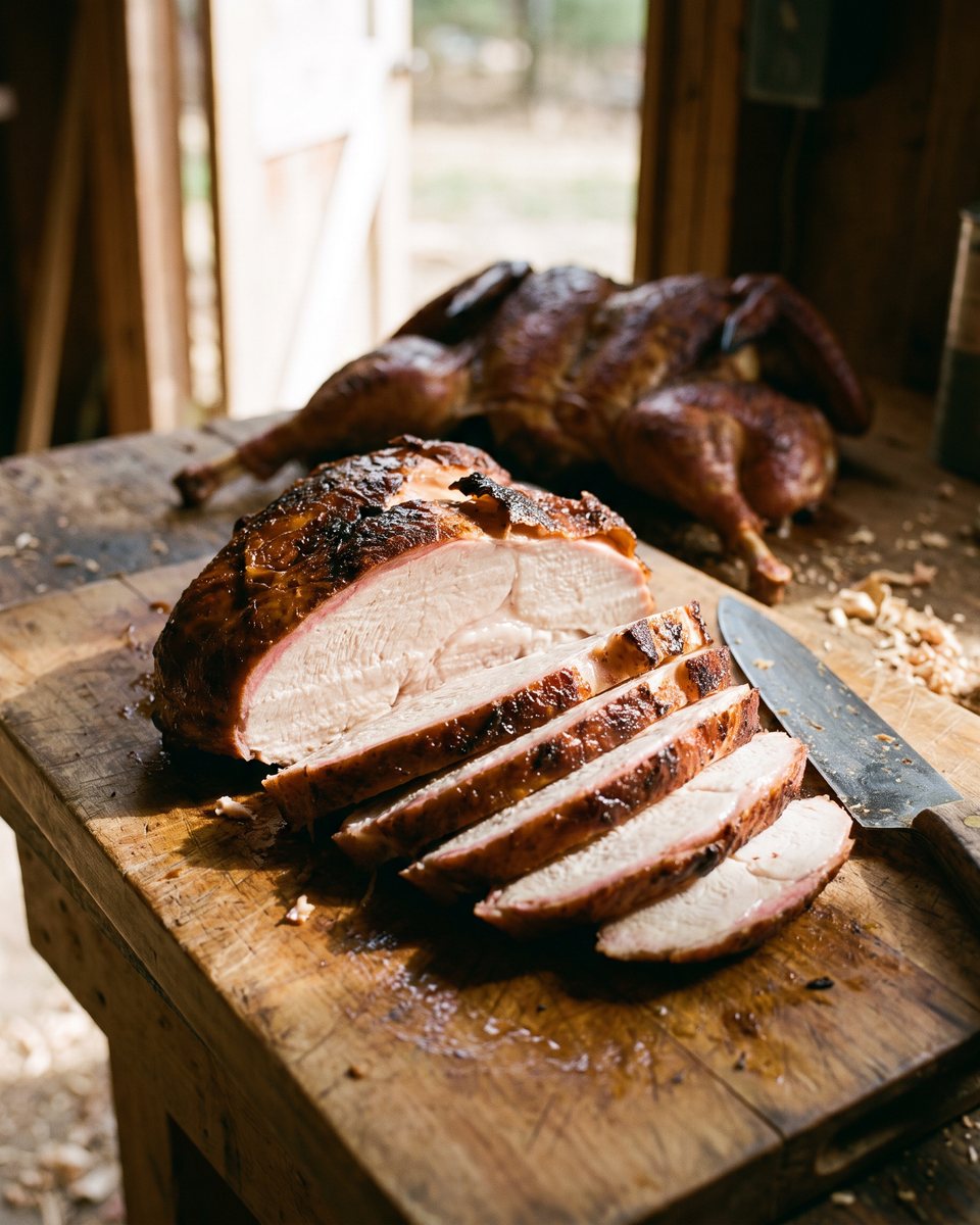 A smoked spatchcocked turkey breast carved off the bone and sliced across the grain on a wooden board, the meat white and wet with a thin pink smoke ring under crackled bronze skin, a carving knife beside it