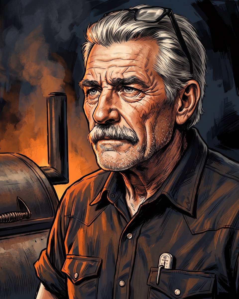 A drawn portrait of Dutch Cobb, late fifties, gray mustache and iron-gray hair pushed back, in a dark work shirt beside his smoker at night