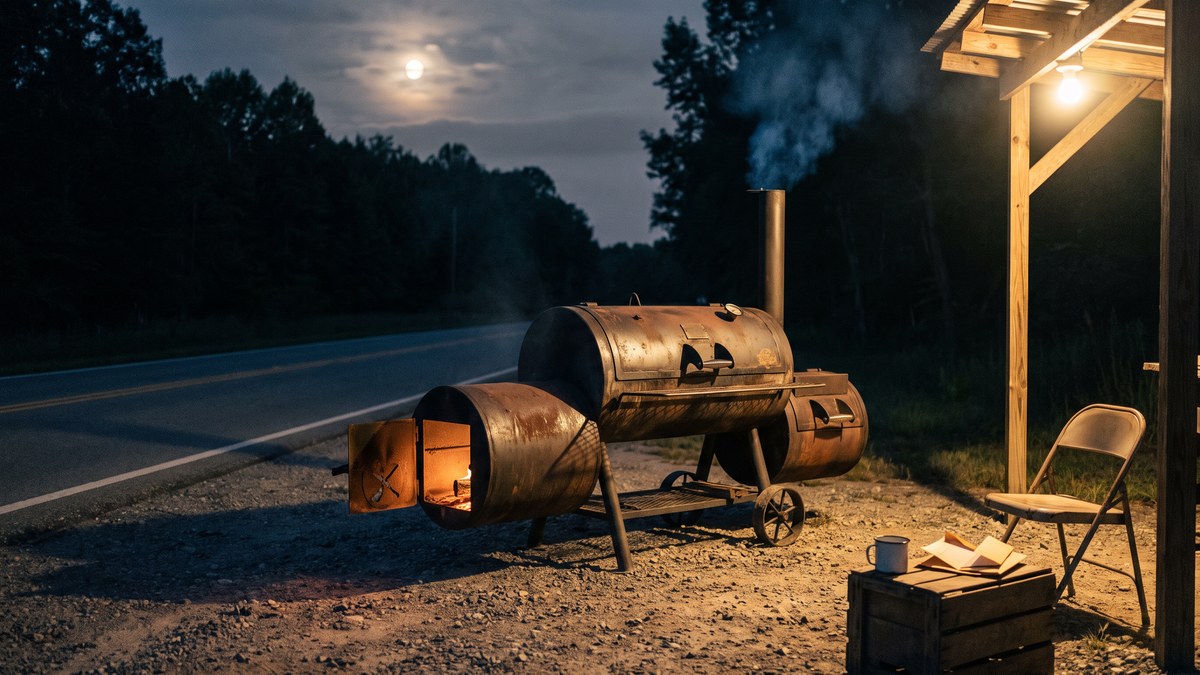 A scarred offset smoker on gravel beside a two-lane highway after midnight, smoke climbing past a bare porch light
