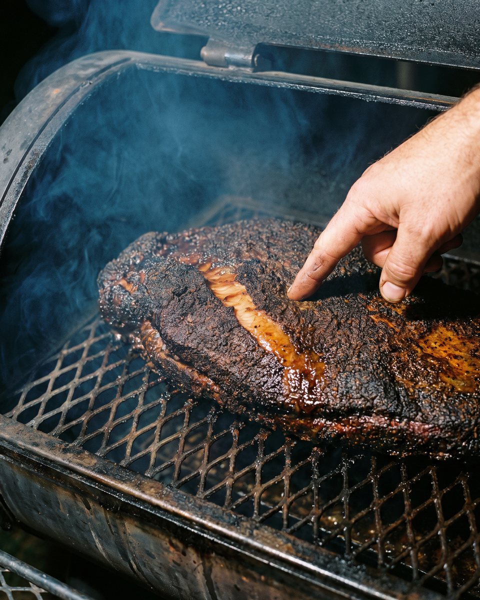 A fingertip pressing the dark bark of a brisket on a smoker grate at night to check whether it still dents, the lid open and smoke drifting