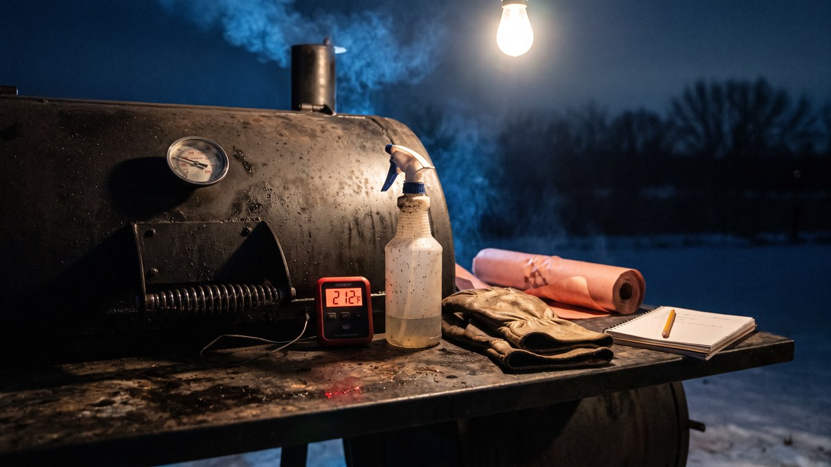 A lid thermometer reading 212, a digital probe, a spray bottle, heat gloves, a roll of butcher paper and a notebook laid out on the shelf of an offset smoker at night