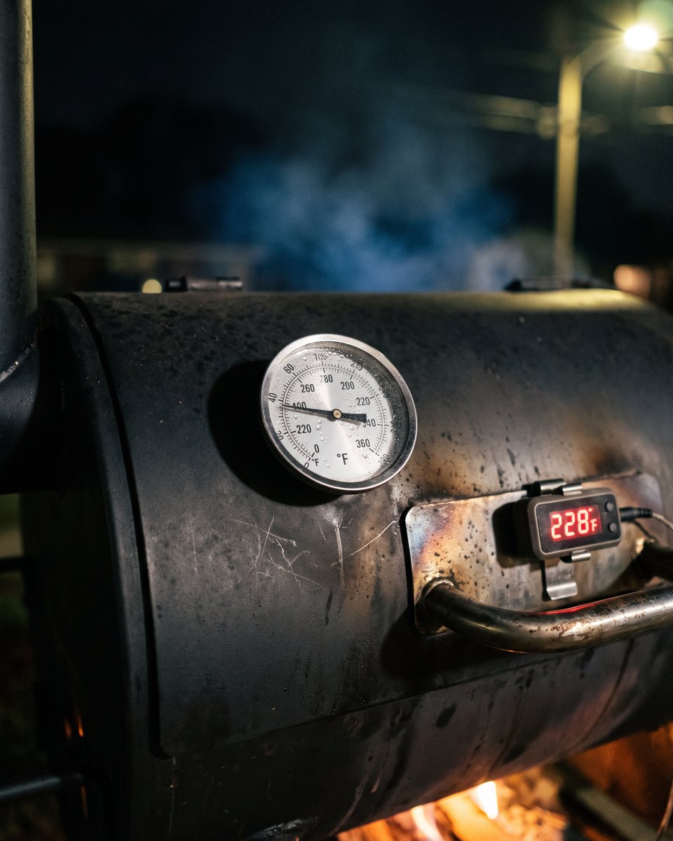 The lid thermometer and digital probe on a matte-black offset smoker reading 228 degrees at night