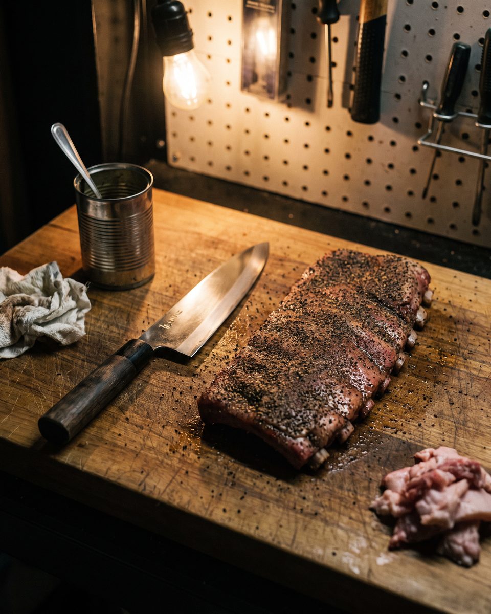 A freshly honed chef's knife beside a trimmed and rubbed rack of ribs on a scarred cutting board under a workshop bulb