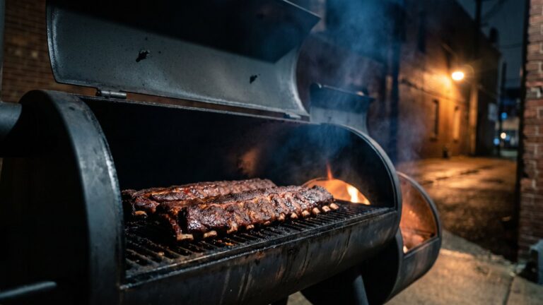 Two racks of ribs on an offset smoker at midnight