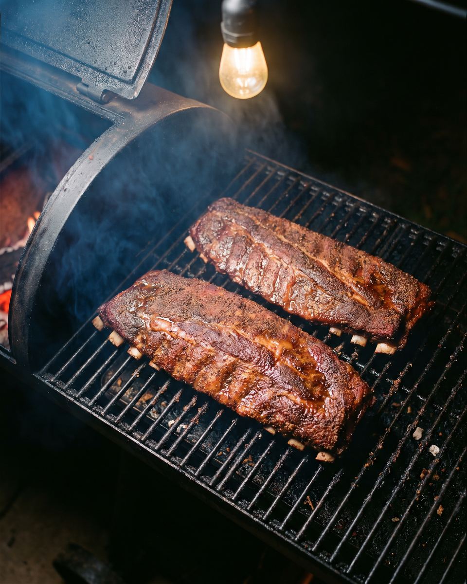 Two racks of ribs on a smoker grate seen from above, bark setting to mahogany, thin blue smoke drifting across