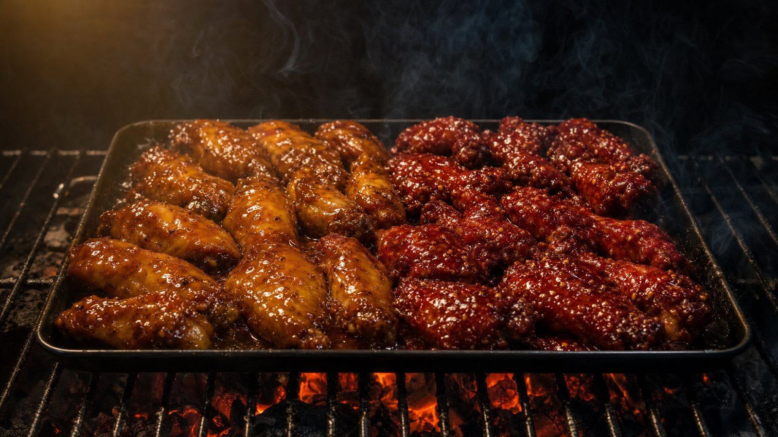 A sheet tray of smoked chicken wings on a smoker grate at night, half glazed in glossy amber bourbon maple and half in deep red guajillo chile sauce