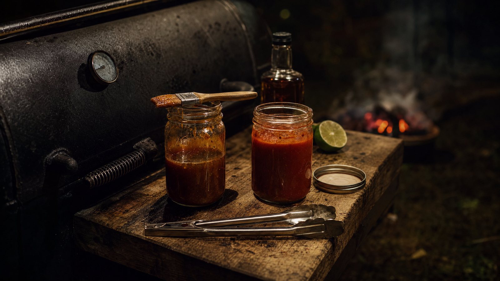 Two mason jars of wing sauce on a smoker side shelf at night, amber bourbon maple glaze with a basting brush and red guajillo sauce, tongs lying in front