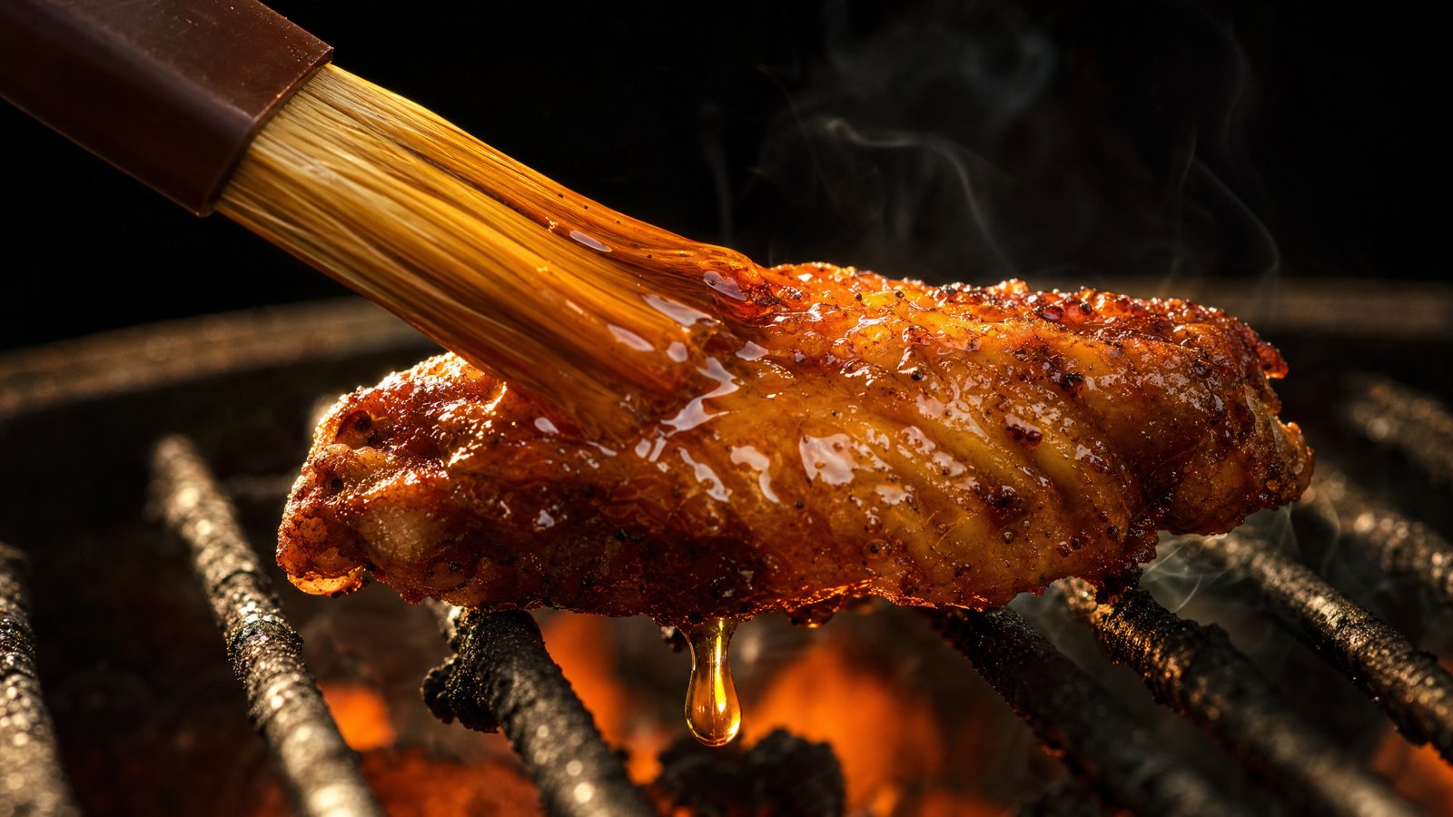 A basting brush laying thick amber bourbon maple glaze over a smoked chicken wing, one drop about to fall toward the coals
