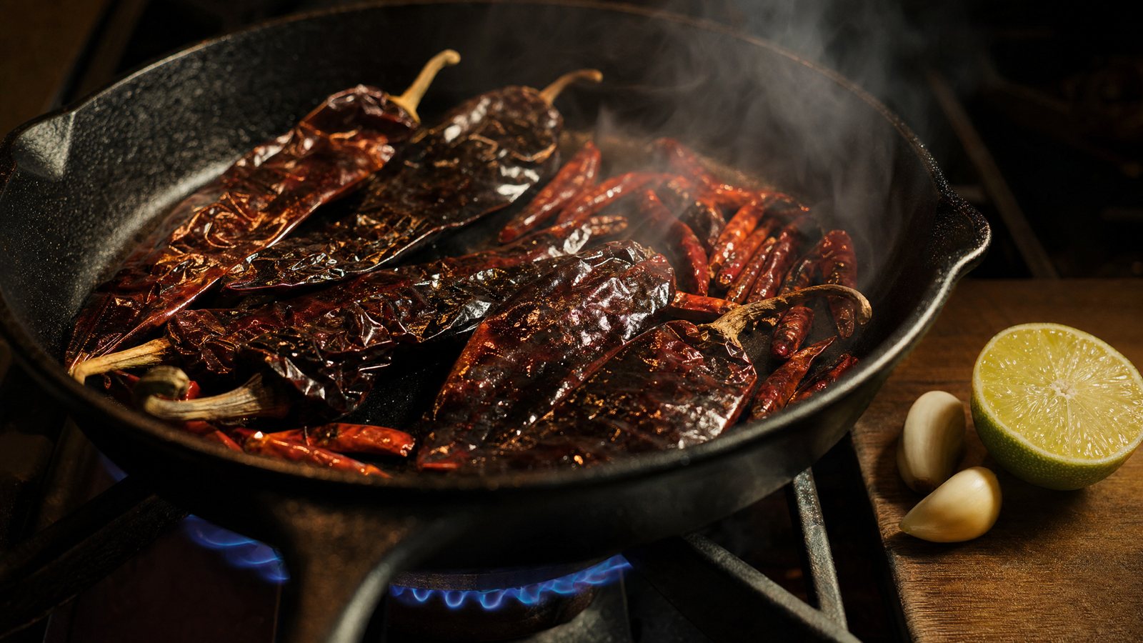 Dried guajillo chiles and chiles de arbol toasting in a cast-iron skillet over a flame, with a halved lime and garlic cloves beside it