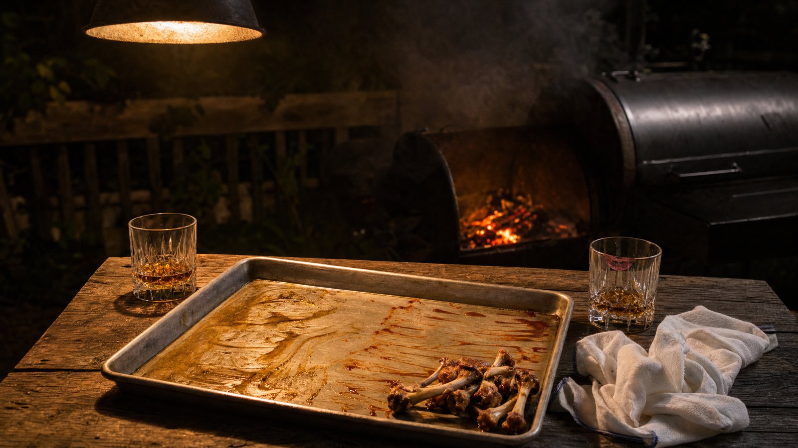 An empty sheet tray licked clean on a picnic table at night, a small pile of wing bones, two glasses of bourbon, one with a lipstick print