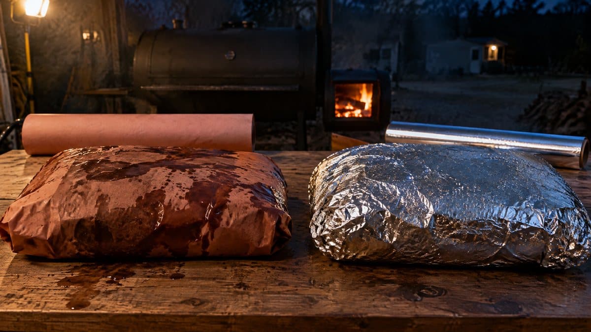 Two smoked briskets side by side on a work table, one wrapped in fat-soaked butcher paper, one in foil