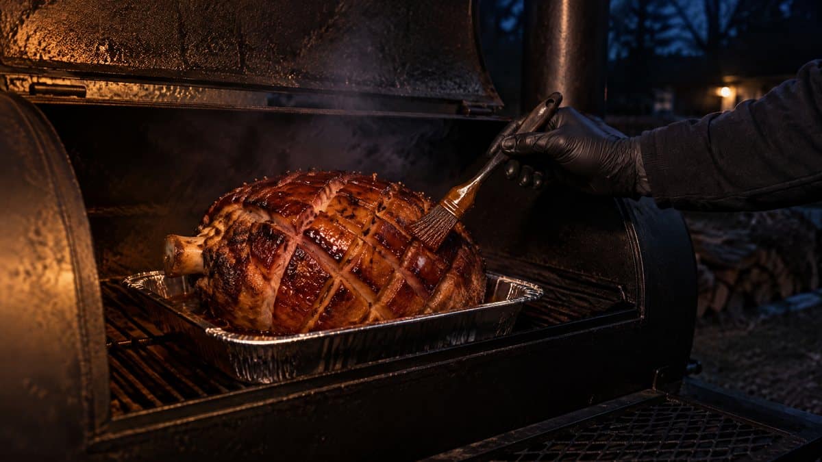 A gloved hand brushing amber brown-sugar glaze into a crosshatch-scored ham in the smoker at night