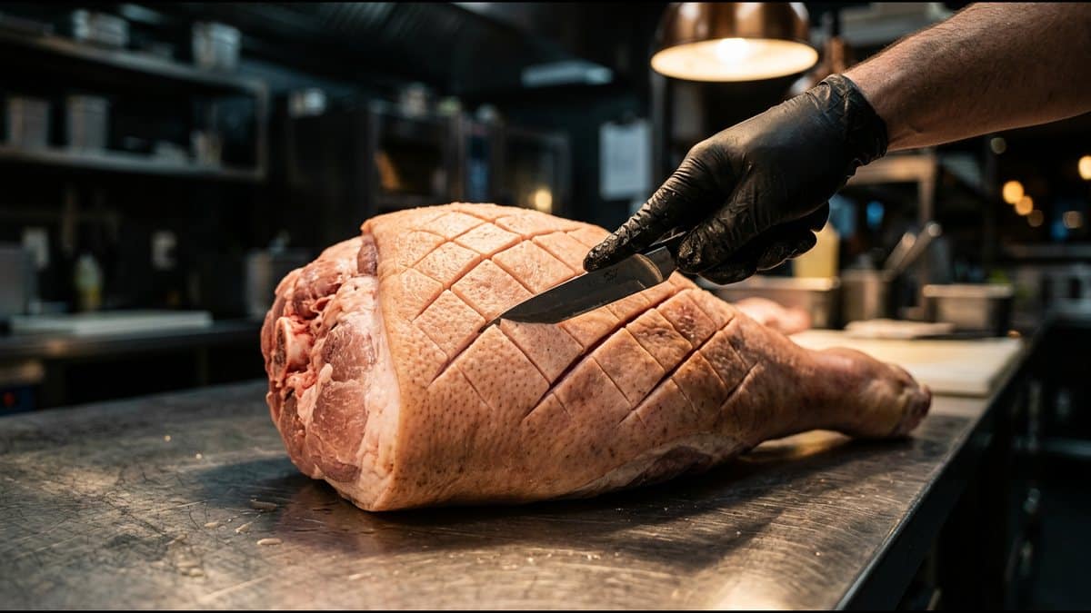 A gloved hand scoring the skin of a raw picnic pork shoulder in a diamond pattern