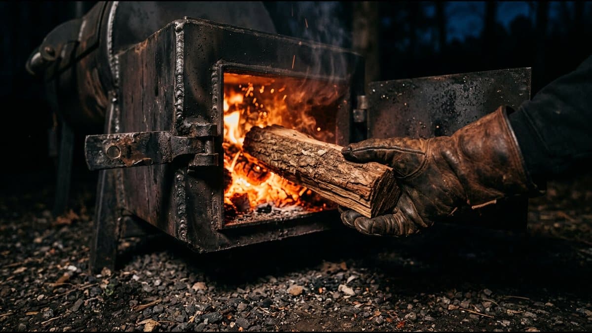 A gloved hand sliding a split of hickory into the glowing firebox of an old welded smoker