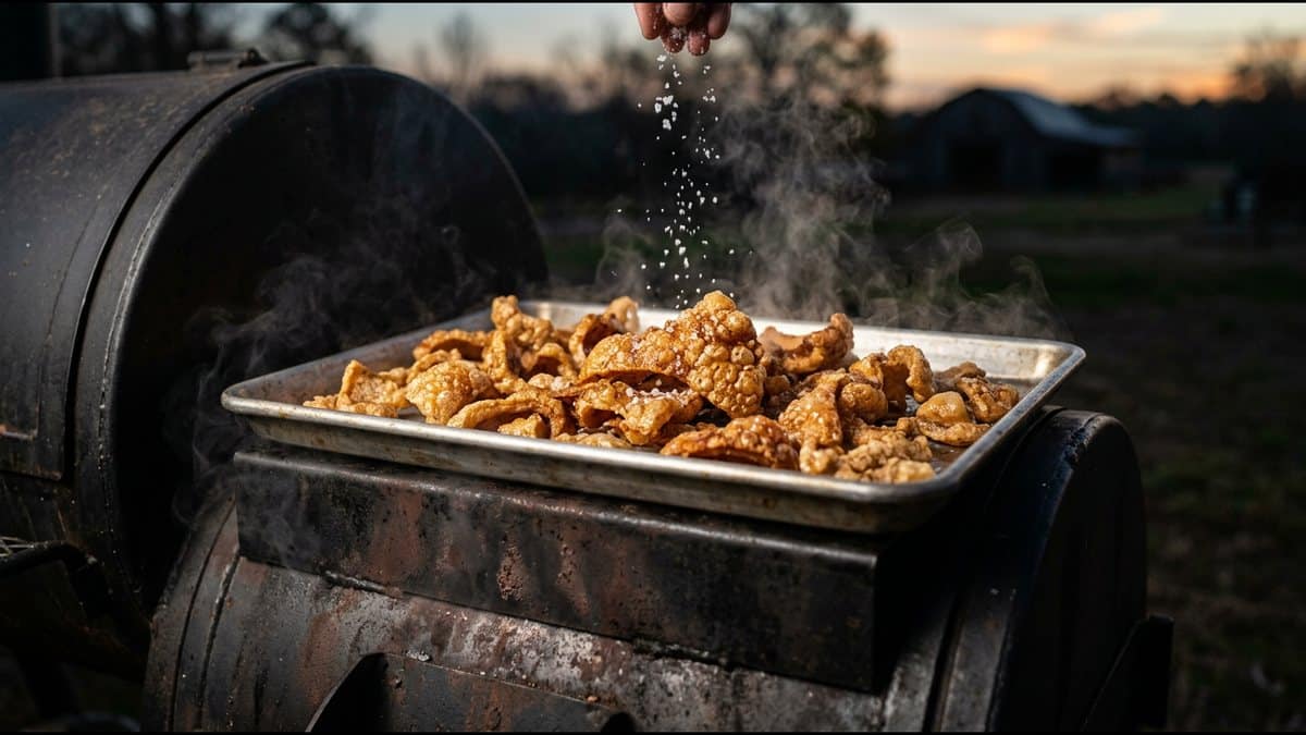 A sheet pan of blistered, golden pork skin cracklings broken into shards on a smoker firebox