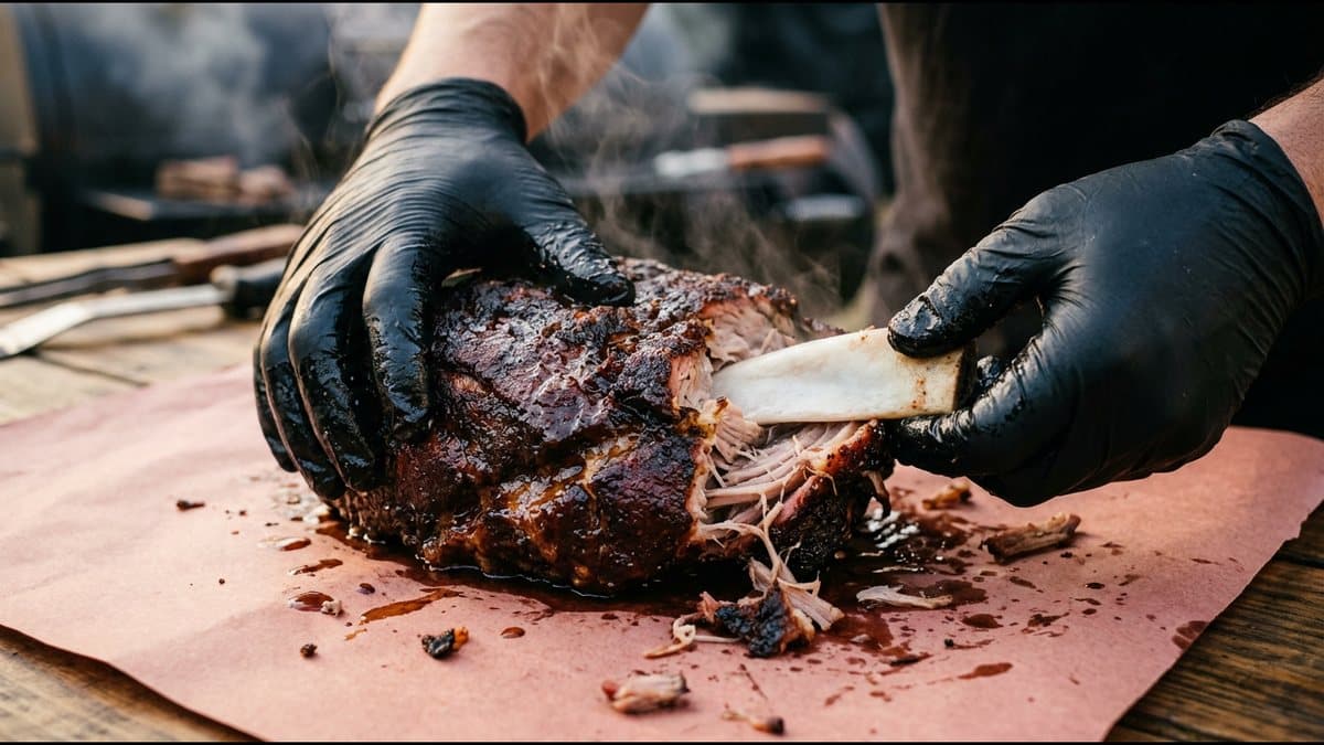 Gloved hands pulling apart a smoked pork shoulder on butcher paper, the bone sliding out clean