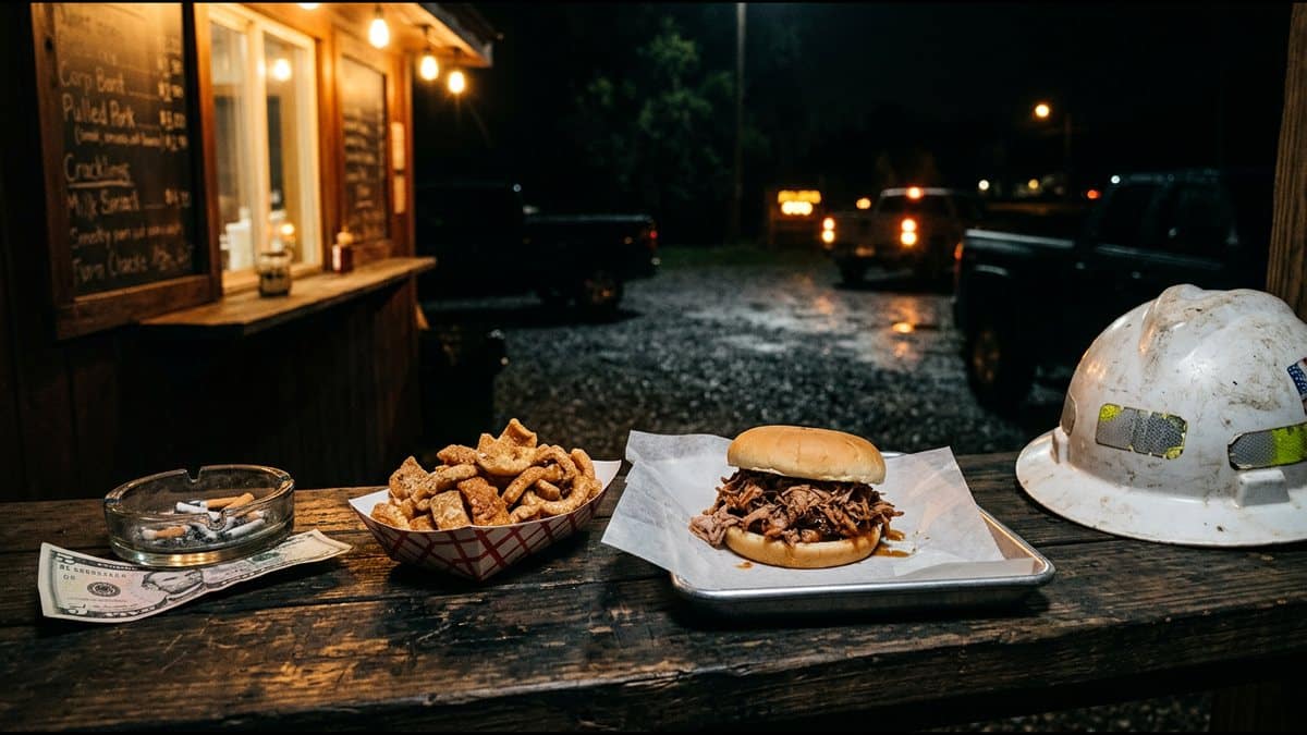 A pulled pork sandwich and a paper boat of cracklings on a barbecue stand counter, a folded five-dollar bill under an ashtray