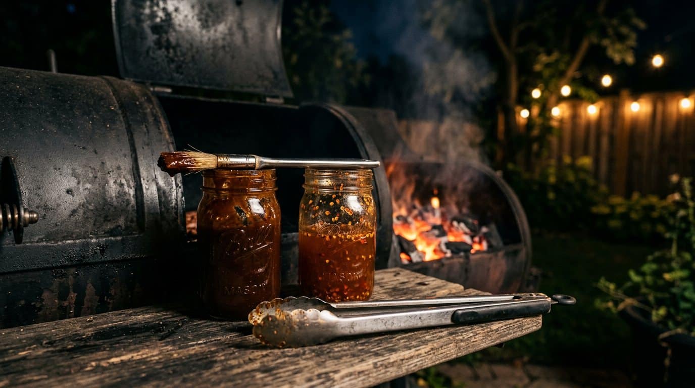Two mason jars of barbecue sauce on a smoker side shelf at night, one thick dark molasses sauce with a basting brush across it, one thin vinegar sauce full of red pepper flakes, tongs lying in front