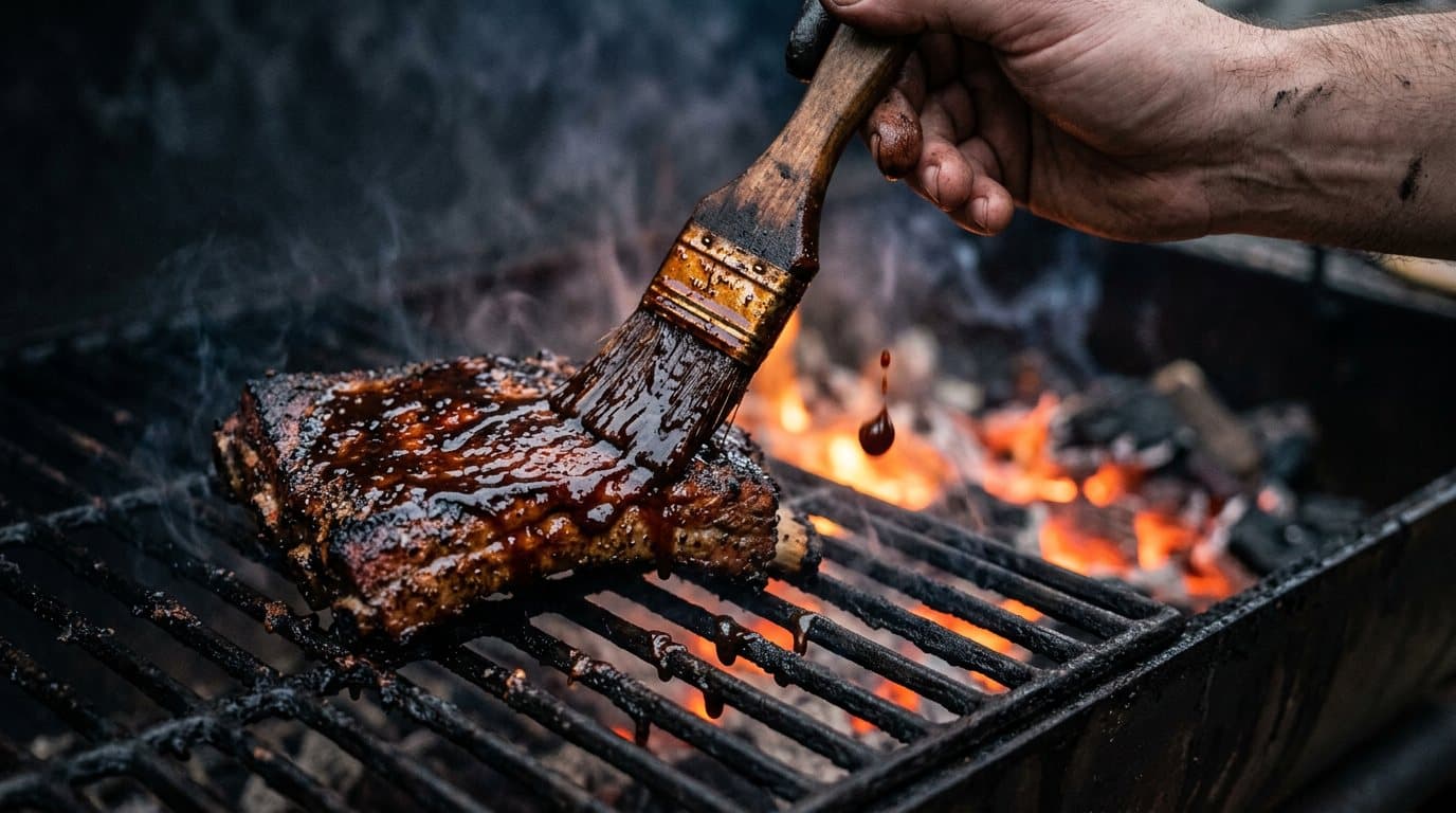 A basting brush laying thick, glossy molasses barbecue sauce over a smoked country-style pork rib on the grate, one heavy drop falling toward the coals