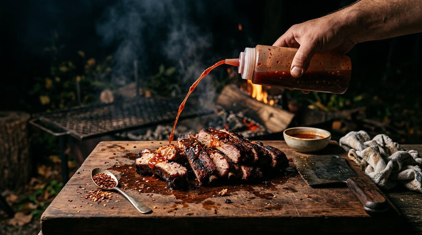 A squeeze bottle of thin cider vinegar sauce packed with red pepper flakes streaming over sliced smoked country-style pork ribs on a dark cutting board at night