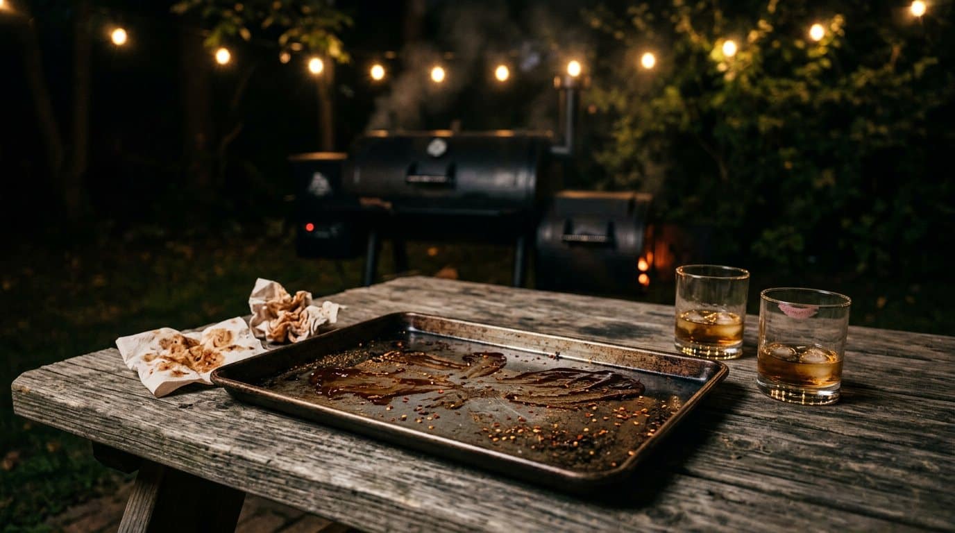An empty sheet tray scraped clean on a picnic table at night, smears of barbecue sauce and red pepper flakes, two glasses of bourbon, one with a lipstick print